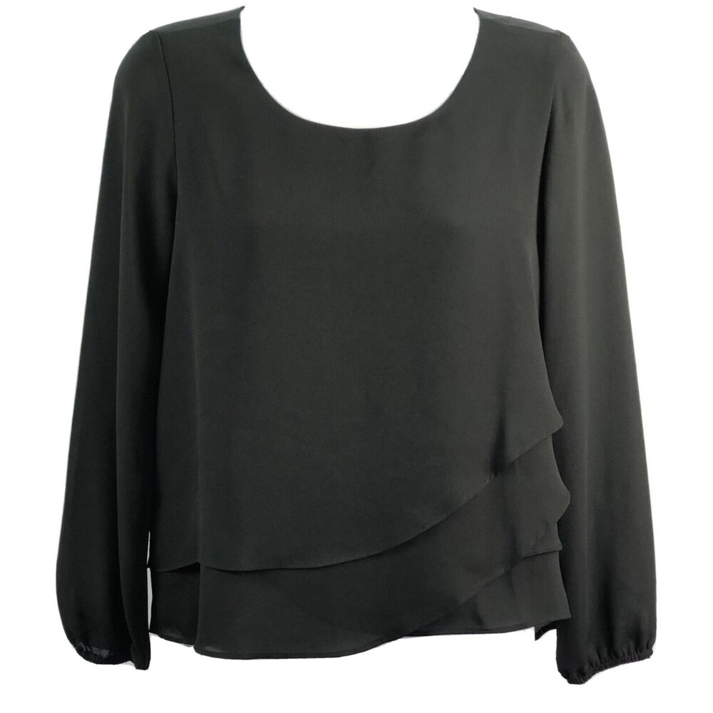 Ann Taylor flowy chiffon top black layered hi lo 3/4 sleeves whimsigoth coquette